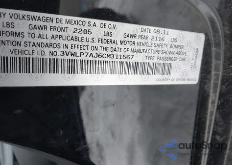 2012 Volkswagen Jetta 2.5L Sel z USA, uszkodzony, nr VIN 3VWLP7AJ6CM311567